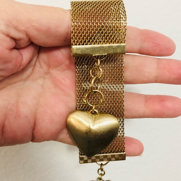 Vintage Brass Gold Electroplated Puff Heart Charm Wide Mesh Bracelet - Picture 7 of 14